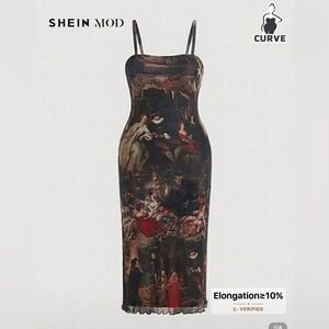 SHEIN MOD Plus Figure Graphic Lettuce Trim Mesh Cami Dress